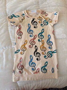 Mini Rodini Cream Organic Cotton Top/dress with Subtle Teal Stripe